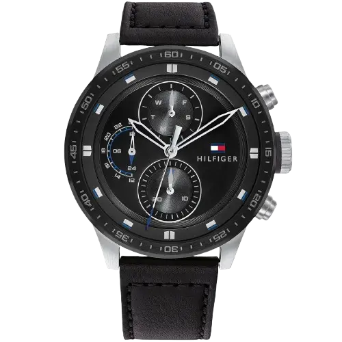 Tommy Hilfiger Trent 1791810 men's watch, all-black stainless steel case, black multi-function dial, black genuine leather strap, 44mm.