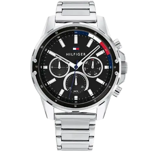 ساعة تومي هيلفيغر ميسون 1791936 رجالي، علبة ستانلس ستيل فضي، ميناء أسود، سوار ستانلس ستيل فضي، 44 ملم.
