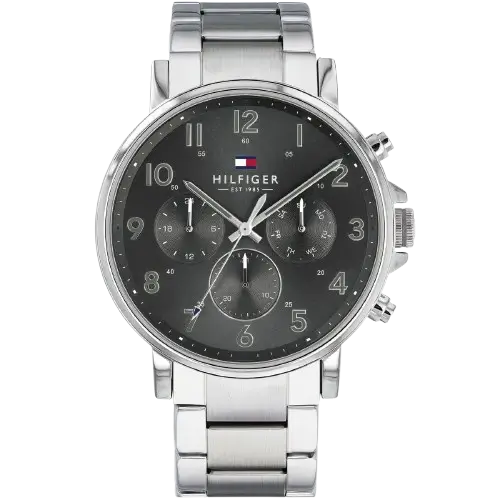 Tommy Hilfiger Daniel 1710382 men's watch, silver-tone stainless steel case, grey dial, silver steel bracelet, 44mm.