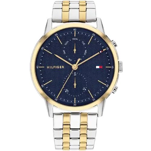 ساعة تومي هيلفيغر ايستون 1710432 رجالي، علبة ستانلس ستيل ثنائي اللون (فضي وذهبي)، ميناء أزرق متعدد الوظائف، سوار لونين، 44 ملم.