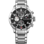 Tommy Hilfiger Trent 1791141 men's watch, silver-tone stainless steel case, black multi-function dial, silver steel bracelet, 44mm.