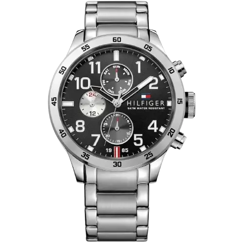 Tommy Hilfiger Trent 1791141 men's watch, silver-tone stainless steel case, black multi-function dial, silver steel bracelet, 44mm.