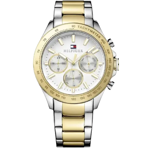 Tommy Hilfiger Hudson 1791226 men's watch, two-tone stainless steel case (silver and gold), crisp white multi-function dial, two-tone bracelet, 44mm.