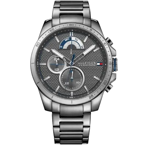 Tommy Hilfiger Decker 1791347 men's watch, all-gunmetal stainless steel case, grey chronograph dial, gunmetal steel bracelet, 46mm.