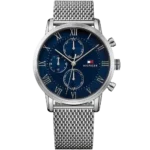 Tommy Hilfiger Kane 1791398 men's watch, silver-tone stainless steel case, blue dial, silver steel bracelet, 44mm.