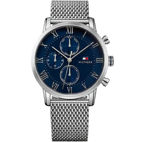 ساعة تومي هيلفيغر كين 1791398 رجالي، علبة ستانلس ستيل فضي، ميناء أزرق، سوار ستانلس ستيل فضي، 44 ملم.