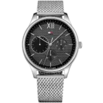 Tommy Hilfiger Damon 1791415 men's watch, silver-tone stainless steel case, black multi-function dial, silver steel bracelet, 44mm.