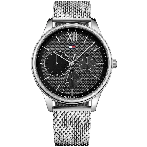 Tommy Hilfiger Damon 1791415 men's watch, silver-tone stainless steel case, black multi-function dial, silver steel bracelet, 44mm.