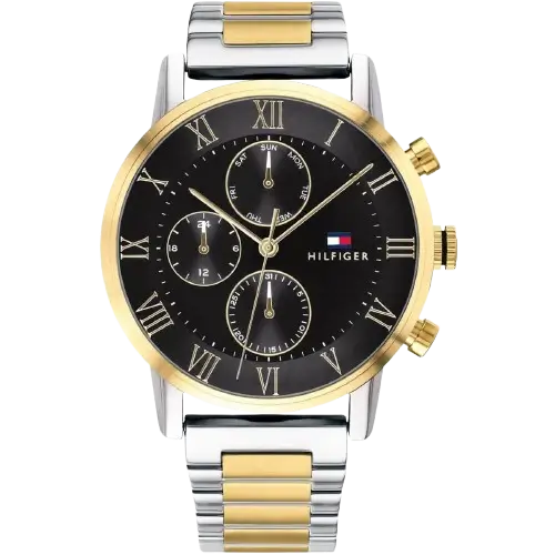 Tommy Hilfiger Kane 1791539 men's watch, two-tone stainless steel case (silver and gold), black multi-function dial, two-tone bracelet, 44mm.