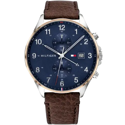 Tommy Hilfiger West 1791712 men's watch, stainless steel case, deep blue dial, brown genuine leather strap, 44mm.