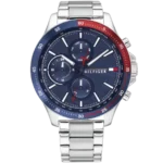 Tommy Hilfiger Bank 1791718 men's watch, silver-tone stainless steel case, blue multi-function dial with sub-dials, silver steel bracelet, 46mm.