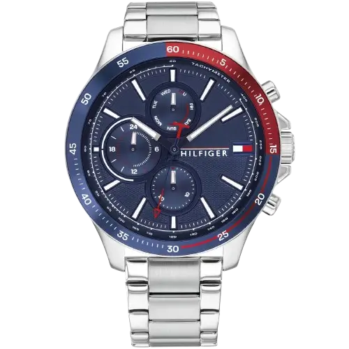 Tommy Hilfiger Bank 1791718 men's watch, silver-tone stainless steel case, blue multi-function dial with sub-dials, silver steel bracelet, 46mm.