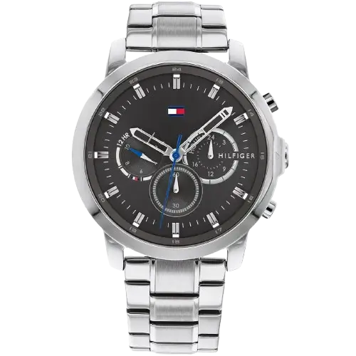Tommy Hilfiger Jameson 1791794 men's watch, silver-tone stainless steel case, black dial, silver steel bracelet, 44mm.