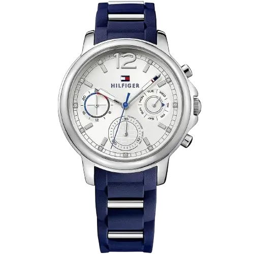 Tommy Hilfiger Claudia 1781746 women's watch, silver-tone stainless steel multi-function dial, blue steel and silicone hybrid strap.