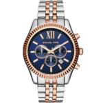 Michael Kors MK8412 Watch Lexington men's chronograph, two-tone silver and rose gold bracelet, navy blue dial, 45mm.