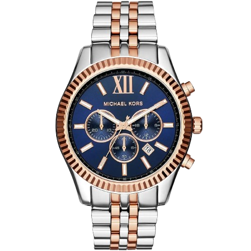 Michael Kors MK8412 Watch Lexington men's chronograph, two-tone silver and rose gold bracelet, navy blue dial, 45mm.