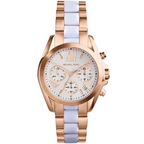 Michael Kors MK5907 Bradshaw women's watch, rose gold-tone case, white and rose gold multi-material bracelet, chronograph, 43mm.