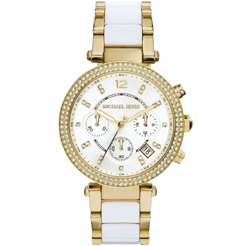 Michael Kors MK6119 Parker women's watch, gold-tone case, gold and white multi-material bracelet, chronograph, 39mm.