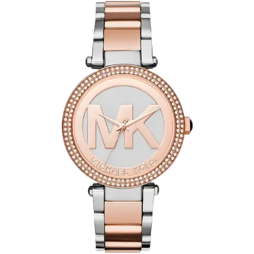 Michael Kors MK6314 Parker women's watch, silver-tone case, silver and rose gold two-tone bracelet, chronograph, 39mm.