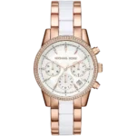 Michael Kors MK6324 Ritz women's watch, rose gold-tone case, matching rose gold and white multi-material bracelet, chronograph, 37mm.