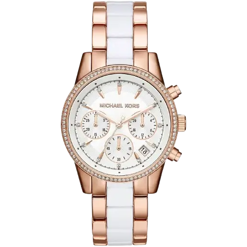 Michael Kors MK6324 Ritz women's watch, rose gold-tone case, matching rose gold and white multi-material bracelet, chronograph, 37mm.