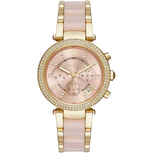 Michael Kors MK6326 Parker women's watch, gold-tone case, matching gold and pink multi-material bracelet, chronograph, 39mm.