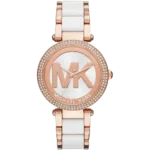 Michael Kors MK6365 Parker women's watch, rose gold-tone case, matching rose gold and white multi-material bracelet, white dial, 39mm.