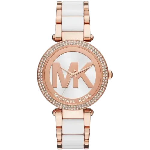 Michael Kors MK6365 Parker women's watch, rose gold-tone case, matching rose gold and white multi-material bracelet, white dial, 39mm.