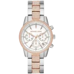 Michael Kors MK6651 Ritz women's watch, silver and rose gold two-tone bracelet, silver-tone case, chronograph, 37mm.
