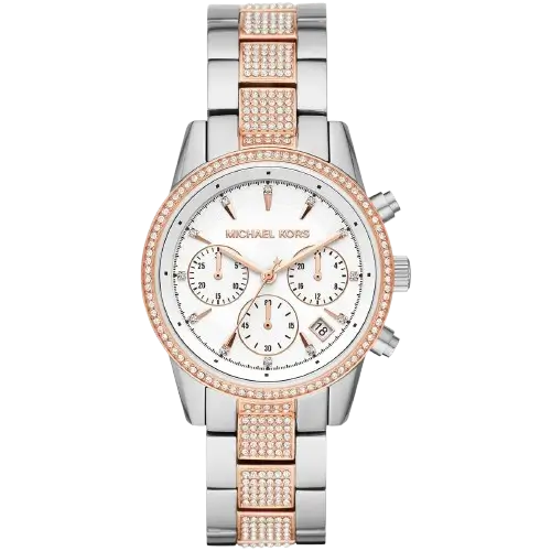 Michael Kors MK6651 Ritz women's watch, silver and rose gold two-tone bracelet, silver-tone case, chronograph, 37mm.