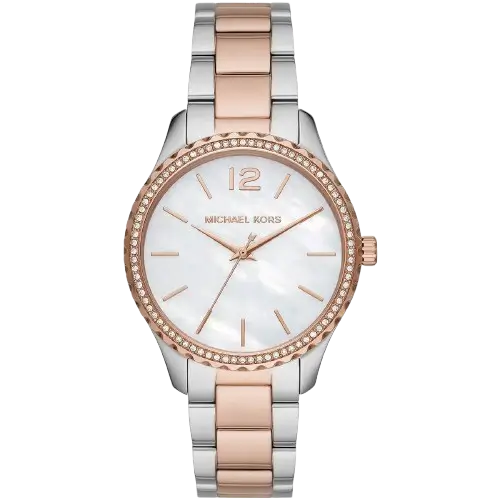 Michael Kors MK6849 Layton women's watch, two-tone silver and rose gold bracelet, unique mother-of-pearl marble dial, 38mm.