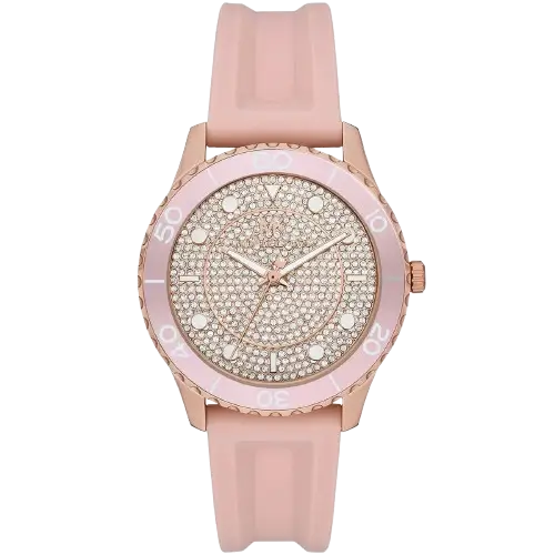 ساعة مايكل كورس MK6854 رانواي حريمي، علبة نحاسية، سوار سيليكون وردي، 40 ملم.