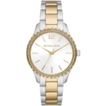 Michael Kors MK6899 Layton women's watch, two-tone silver and gold bracelet, crisp white dial, 38mm.