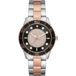 Michael Kors MK6960 Runway women's watch, multi-tone stainless steel (silver and rose gold), black dial, crystal-set bezel, 40mm.