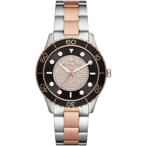 ساعة مايكل كورس MK6960 رانواي حريمي، سوار متعدد الألوان (فضي ونحاسي)، ميناء أسود، إطار مرصع بالكريستال، 40 ملم.