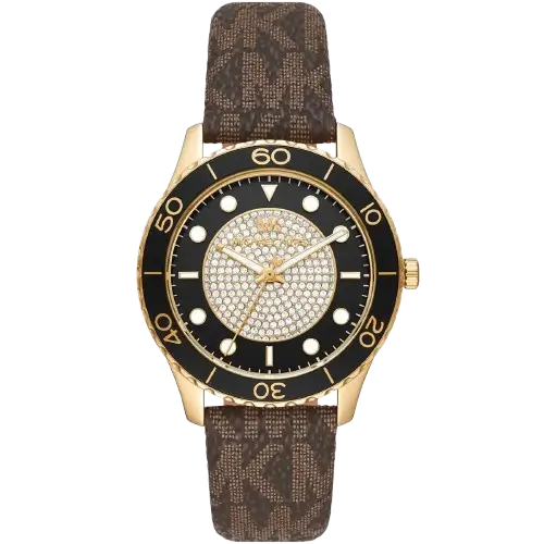 ساعة مايكل كورس MK6979 رانواي حريمي، علبة ذهبية، سوار سيليكون بني، ميناء أسود، 40 ملم.