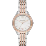 Michael Kors MK7077 Mindy women's watch, silver and rose gold two-tone stainless steel, crystal-set bezel, white dial, 38mm.