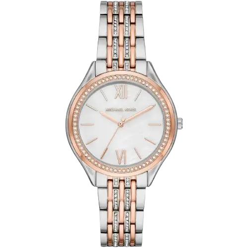 Michael Kors MK7077 Mindy women's watch, silver and rose gold two-tone stainless steel, crystal-set bezel, white dial, 38mm.