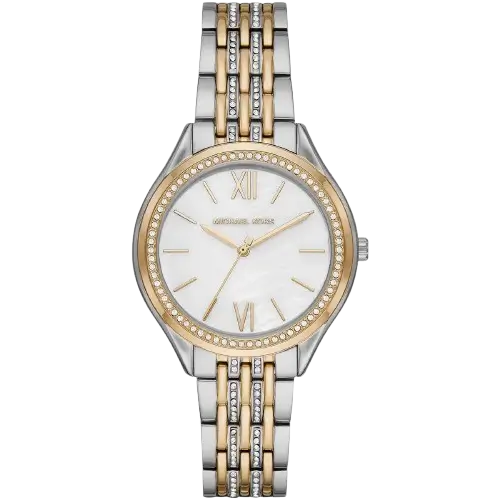 Michael Kors MK7084 Mindy women's watch, silver and gold two-tone stainless steel, crystal-set bezel, white dial, 38mm.