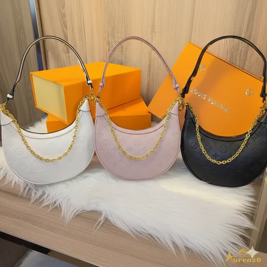 Louis Vuitton Hobo Bag in Monogram Empreinte leather, available in White, Pink, and Black, featuring gold-tone chain and hardware, with adjustable shoulder strap.