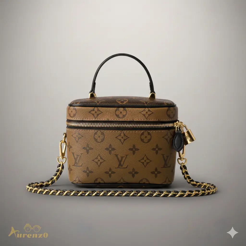 Louis Vuitton Mini Box Bag in Monogram Canvas, Black leather handle and trim, gold-tone zipper and decorative padlock, gold chain strap interwoven with black leather.