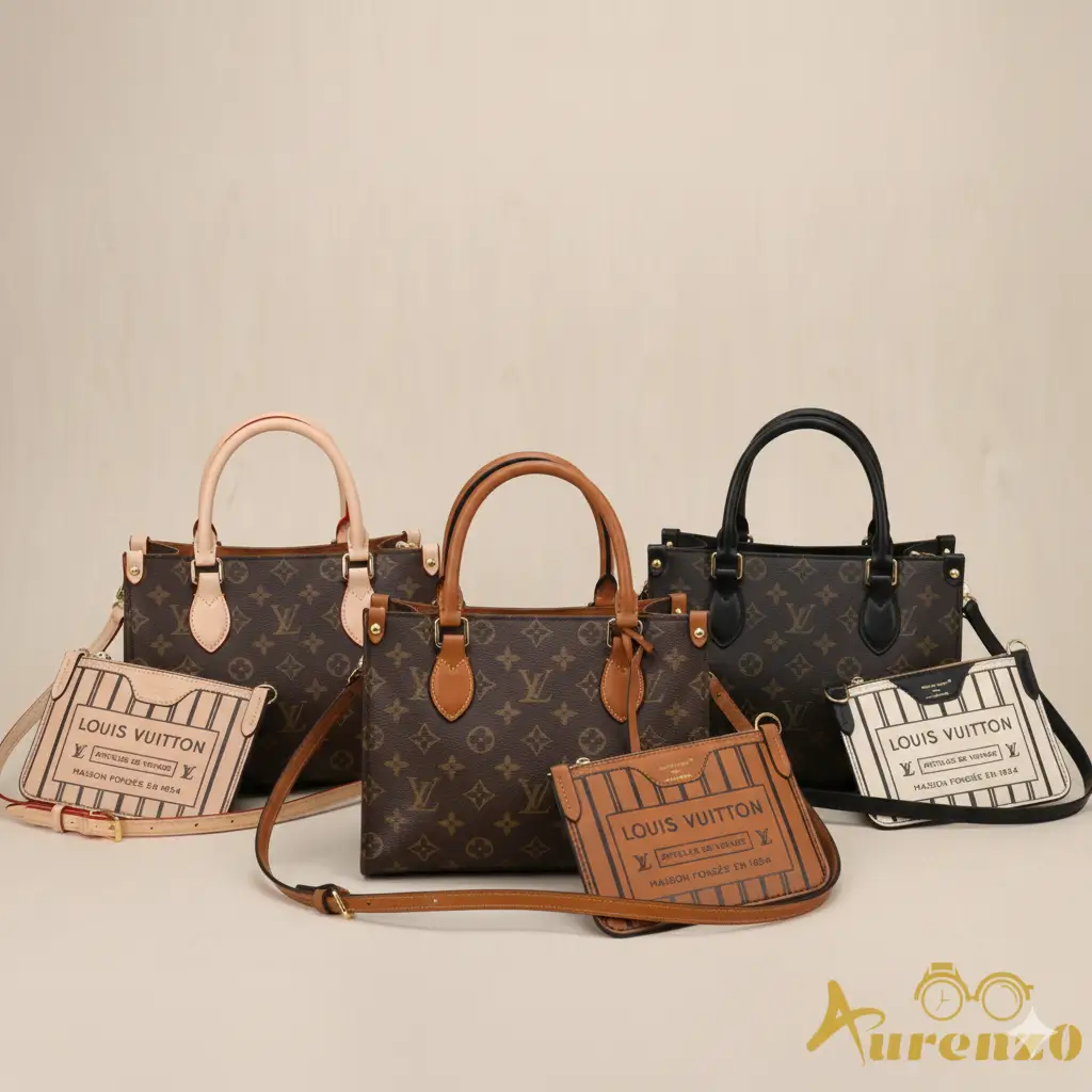 Louis Vuitton Monogram Canvas Mini Tote Bag, available in three leather trims (Black, Nude, Cognac), with matching removable pouch and gold-tone hardware.