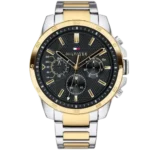 Tommy Hilfiger Decker Chronograph Watch 1791559, Two-Tone Stainless Steel case (Silver and Gold), Black textured dial with three sub-dials, Metal Bracelet.