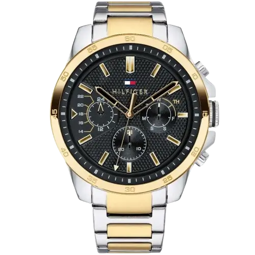 Tommy Hilfiger Decker Chronograph Watch 1791559, Two-Tone Stainless Steel case (Silver and Gold), Black textured dial with three sub-dials, Metal Bracelet.