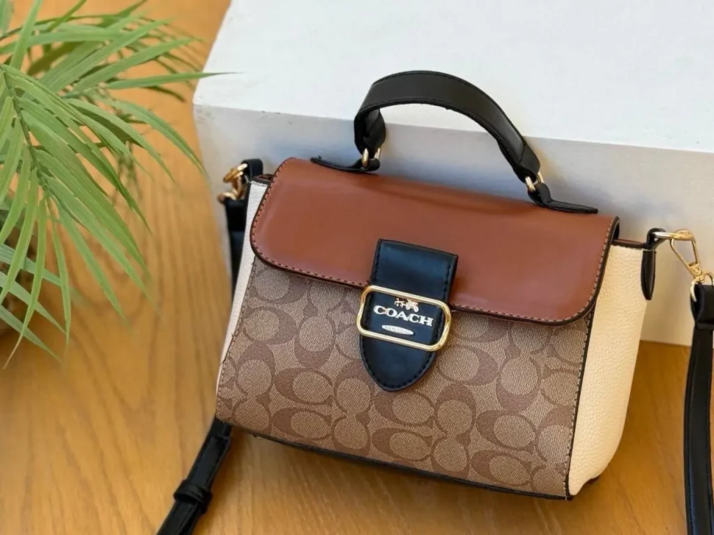 Coach Signature Canvas Mini Flap Bag with Top Handle and Crossbody Strap beige and dark brown color