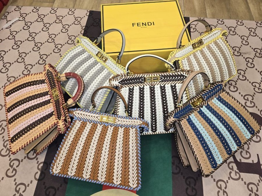 Fendi Peekaboo ISeeU Woven Leather Bag, Grey and White Intrecciato weave with yellow contrast stitching, Gold-Tone hardware, Fendi Roma box.