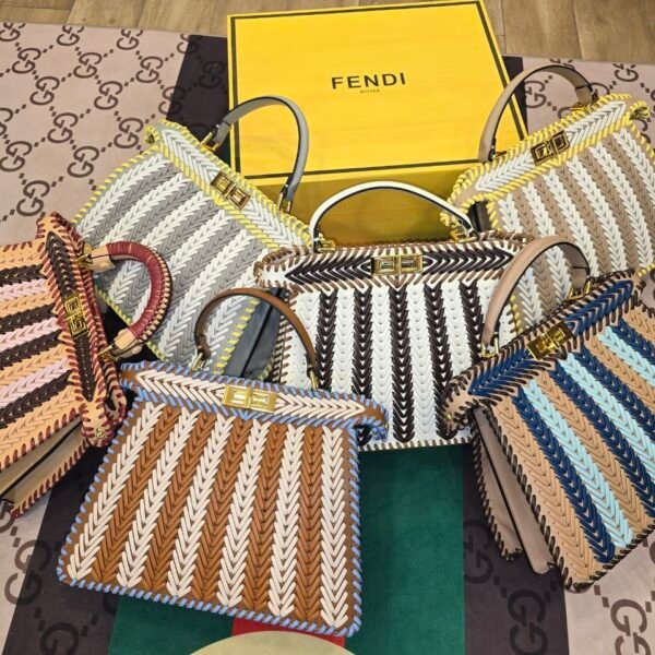 Fendi Peekaboo ISeeU Woven Leather Bag, Grey and White Intrecciato weave with yellow contrast stitching, Gold-Tone hardware, Fendi Roma box.