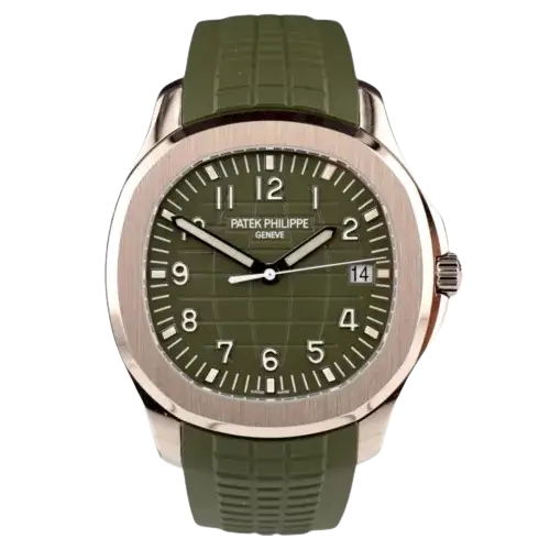 Patek Philippe Aquanaut 5167A Steel watch, Rounded octagonal case, Khaki Green dial with grid pattern, Green Tropical rubber strap, 40mm.