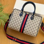 Gucci-Style Boston Bag with Web Stripe and GG Logo light navy color
