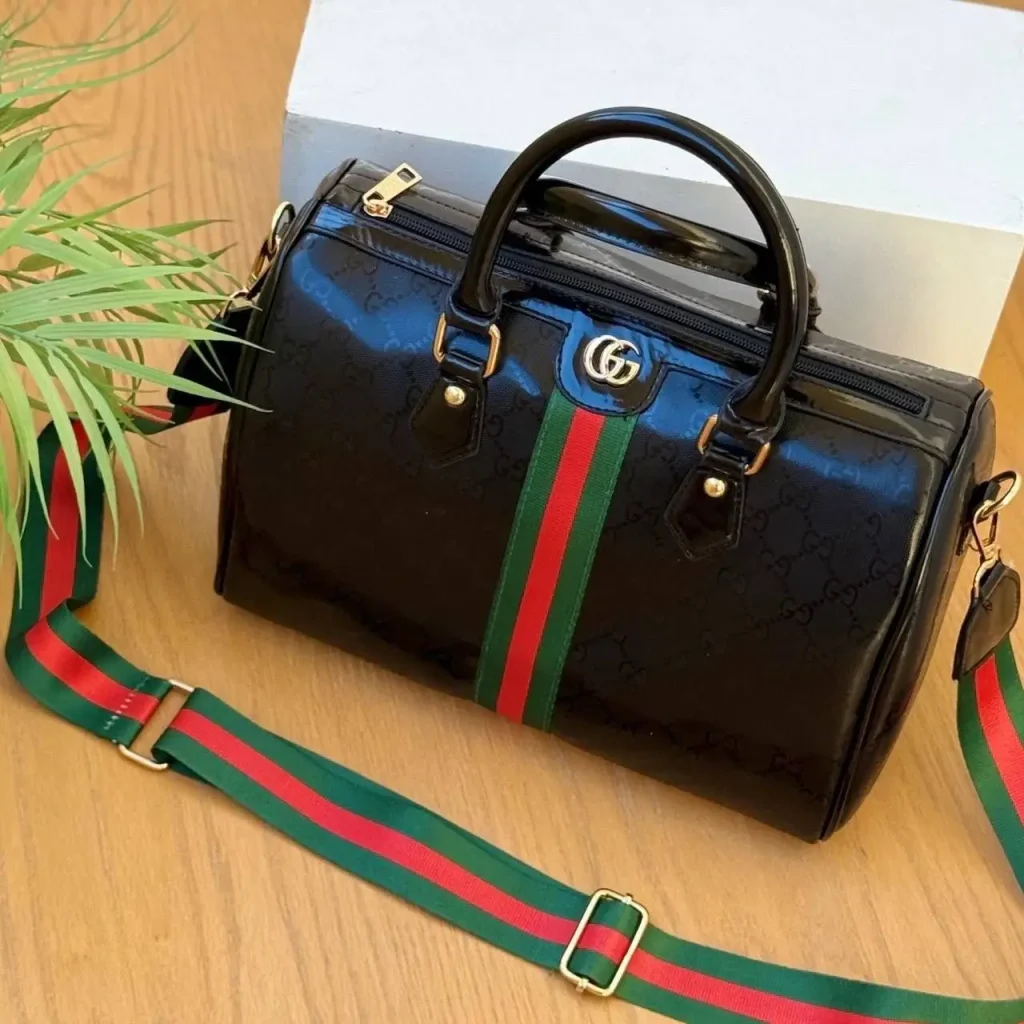 Gucci-Style Boston Bag with Web Stripe and GG Logo light black color